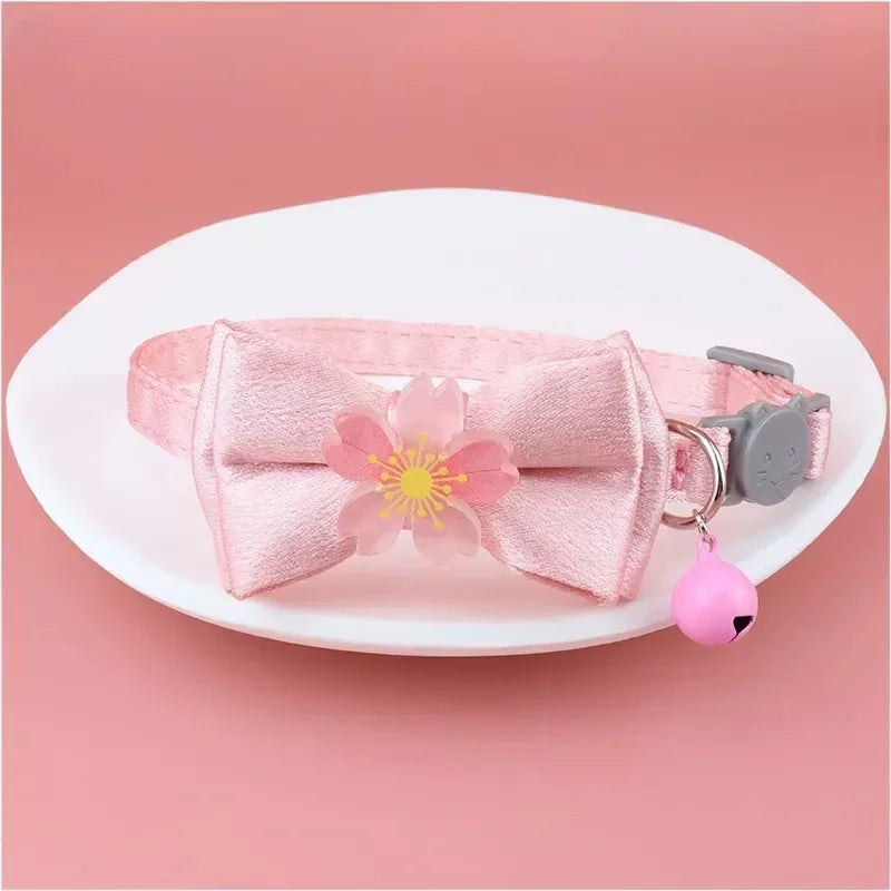 Pink Lace Bow Cat Collar - Decorative Choker with Bell and Bead