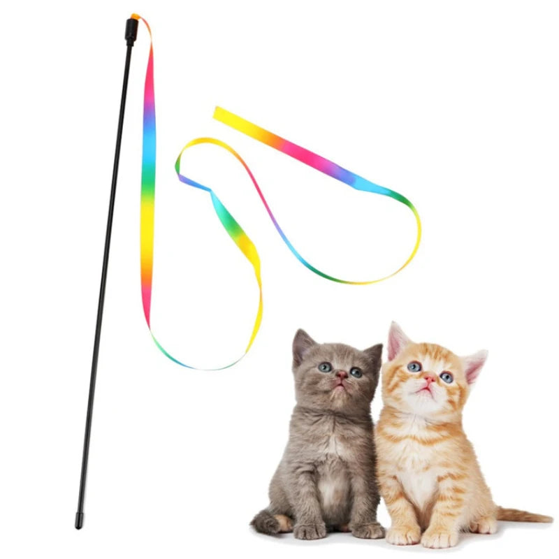 Rainbow Strip Cat Teaser Wand - Colourful Interactive Stick Toy