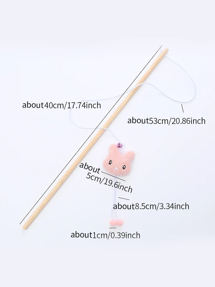 Wooden Cat Teaser Wand - Plush Animal Stick Toy with Bell