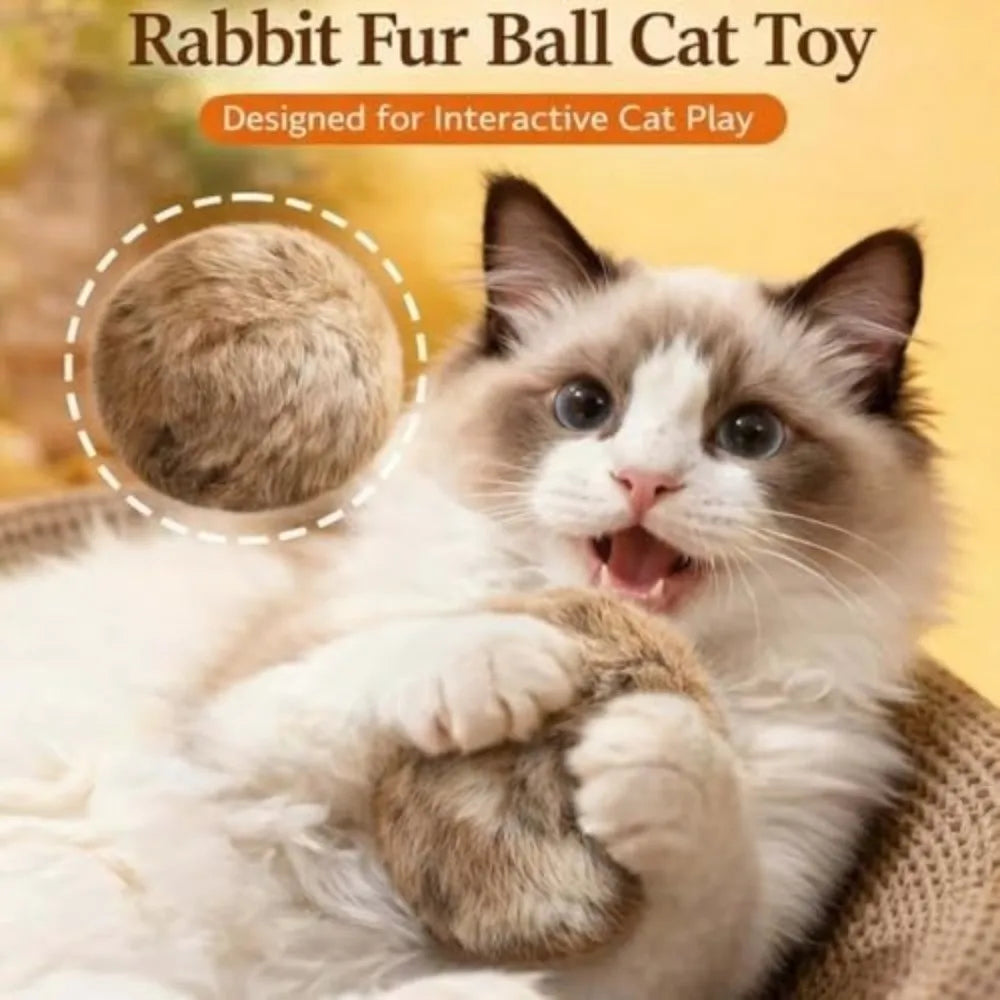 Fluffy Fur Cat Ball and Teaser Wand - Chase Toy for Indoor Cats