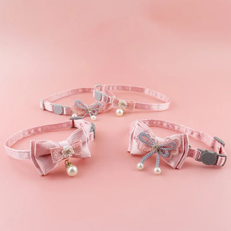 Pink Lace Bow Cat Collar - Decorative Choker with Bell and Bead