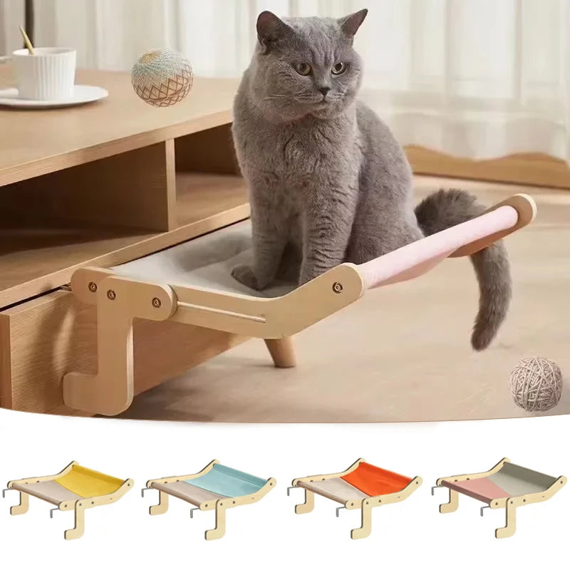 Wooden Cat Hammock - Cotton Canvas Hanging Bed with Plywood Frame