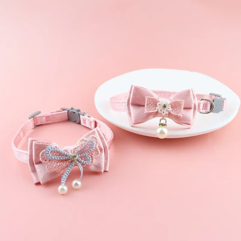 Pink Lace Bow Cat Collar - Decorative Choker with Bell and Bead