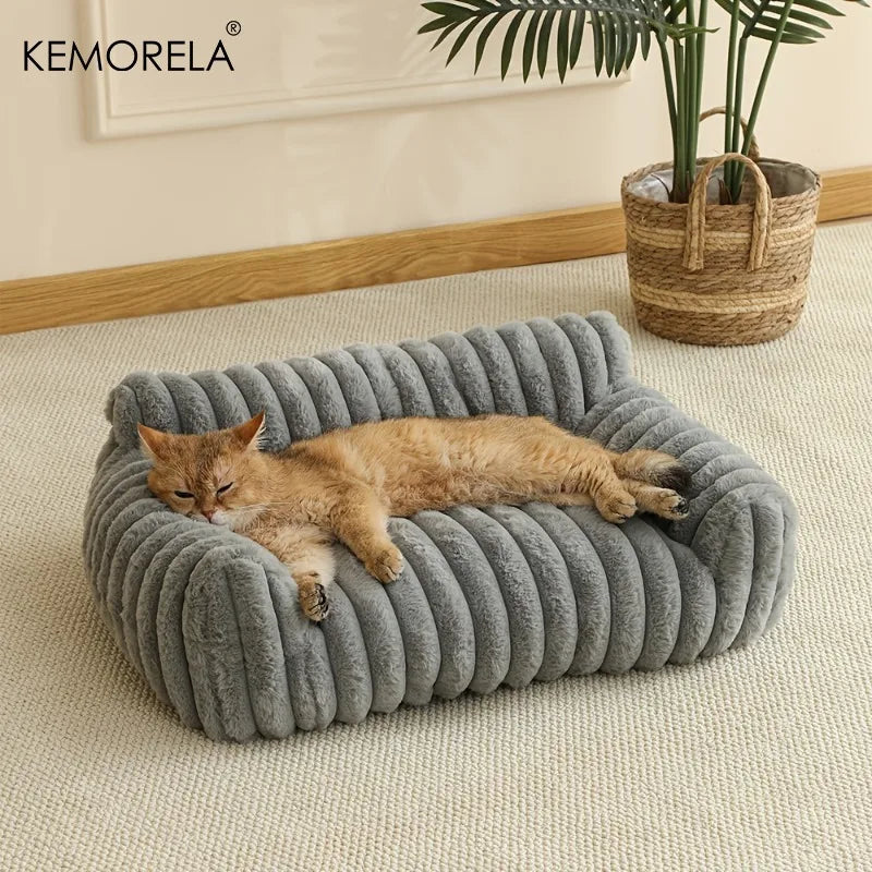 Striped Cat Sofa Bed - Soft Polyester Pet Couch for All Seasons