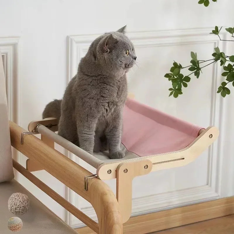 Wooden Cat Hammock - Cotton Canvas Hanging Bed with Plywood Frame