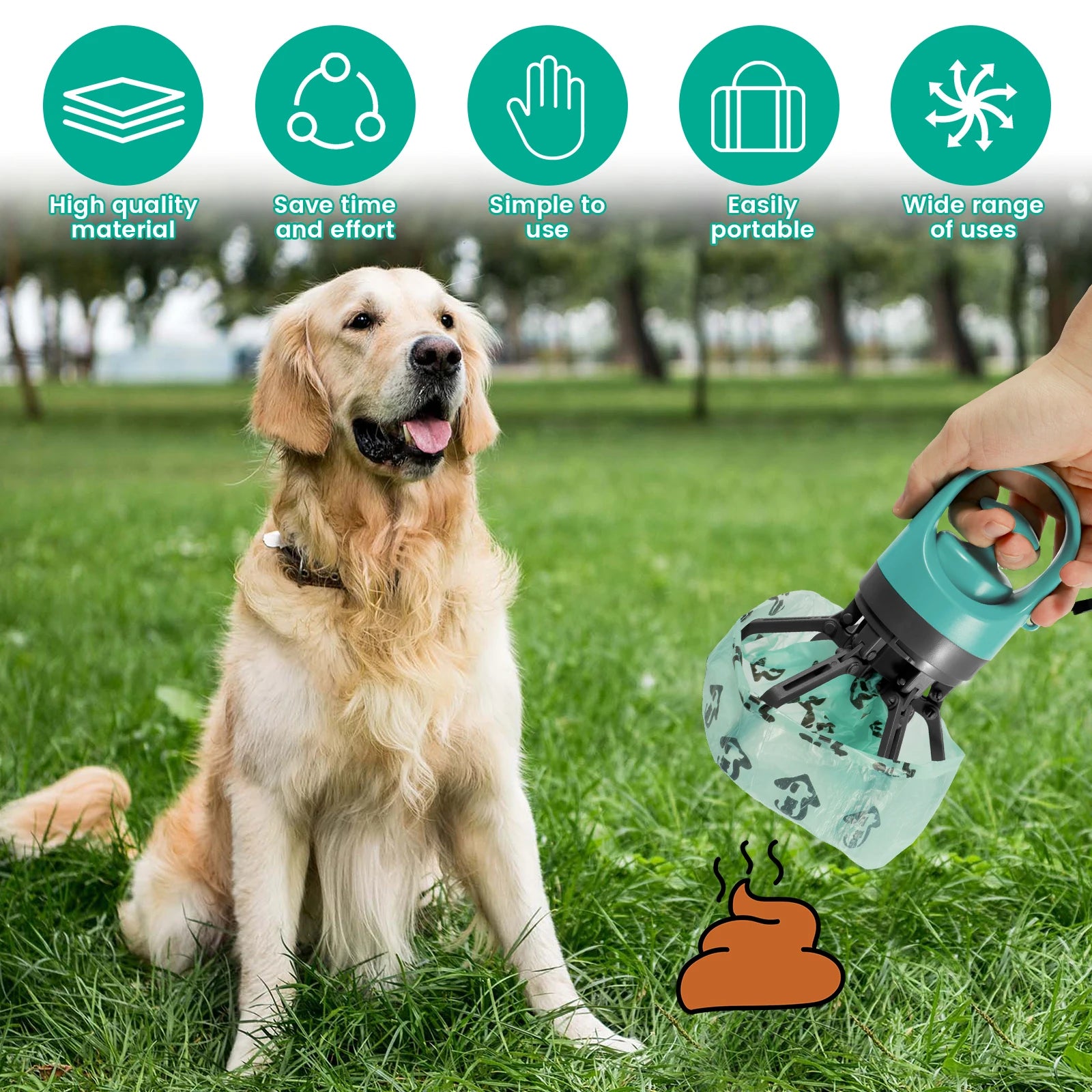 Portable Dog Poop Scooper with Built-In Waste Bag Dispenser