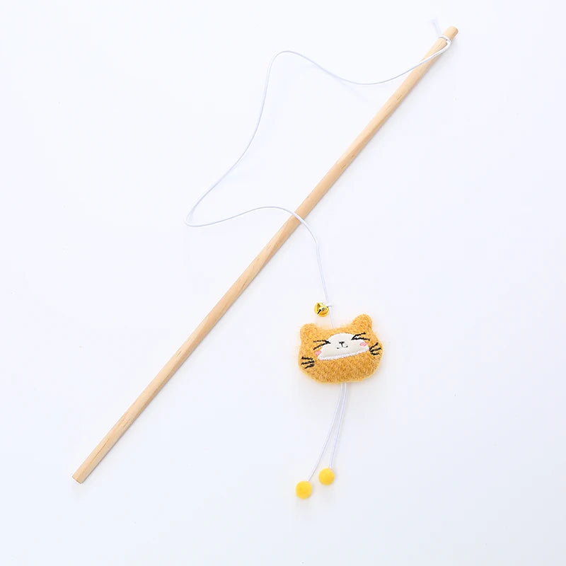 Wooden Cat Teaser Wand - Plush Animal Stick Toy with Bell