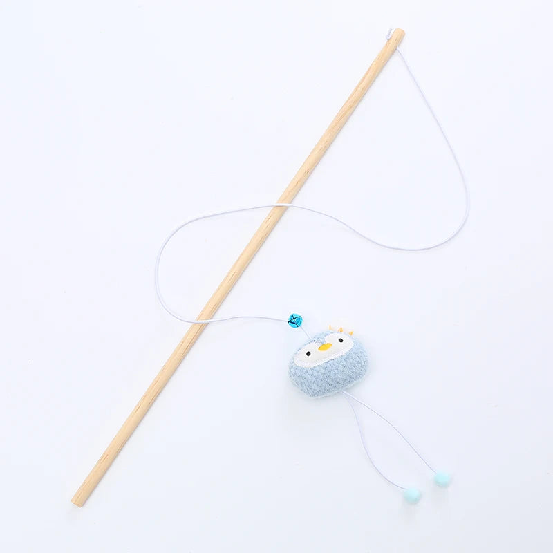 Wooden Cat Teaser Wand - Plush Animal Stick Toy with Bell