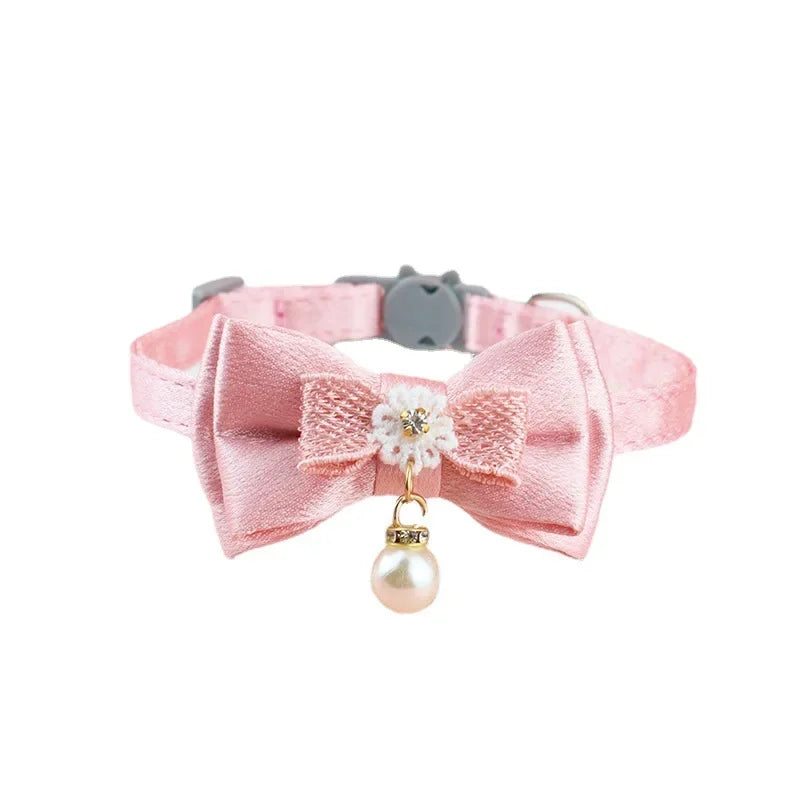 Pink Lace Bow Cat Collar - Decorative Choker with Bell and Bead
