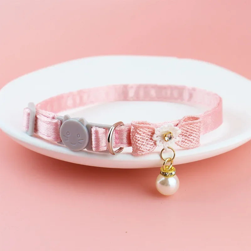 Pink Lace Bow Cat Collar - Decorative Choker with Bell and Bead