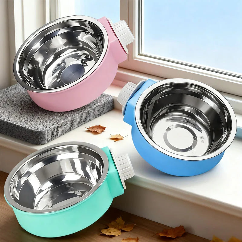Hanging Cage Dog Bowl - Stainless Steel Double Bowl for Crates