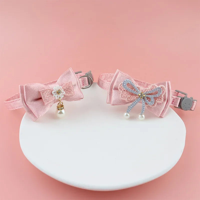 Pink Lace Bow Cat Collar - Decorative Choker with Bell and Bead