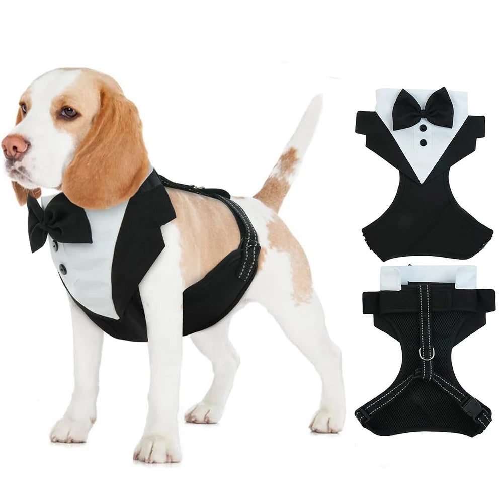 Dog Tuxedo Harness with Bow Tie - Adjustable Wedding Vest