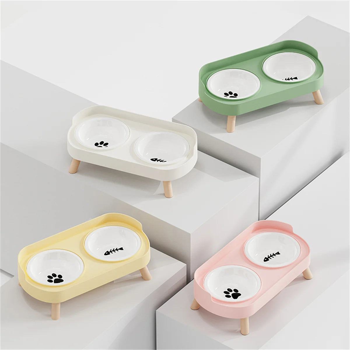 Adjustable Height Cat Double Bowl - Elevated Food and Water Feeder