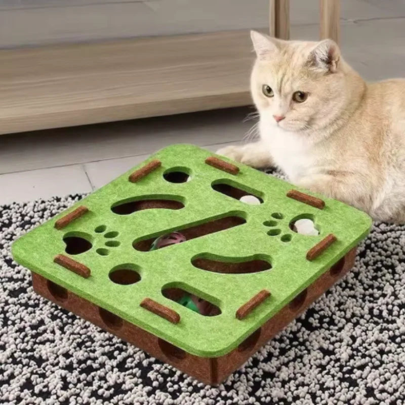 Cat Puzzle Maze Box - Felt Interactive Toy with Bell Balls
