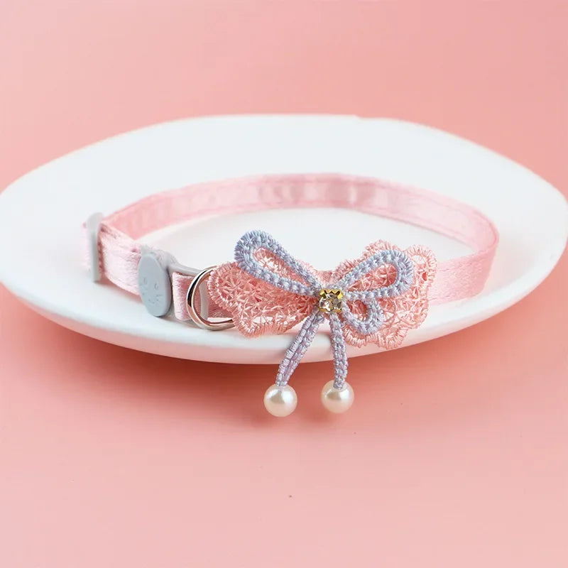 Pink Lace Bow Cat Collar - Decorative Choker with Bell and Bead
