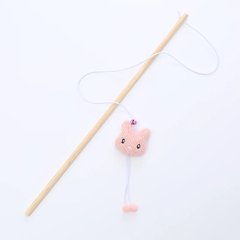 Wooden Cat Teaser Wand - Plush Animal Stick Toy with Bell
