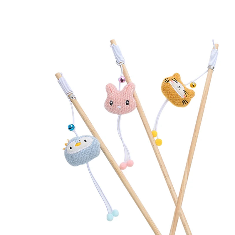 Wooden Cat Teaser Wand - Plush Animal Stick Toy with Bell