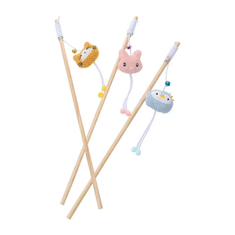 Wooden Cat Teaser Wand - Plush Animal Stick Toy with Bell
