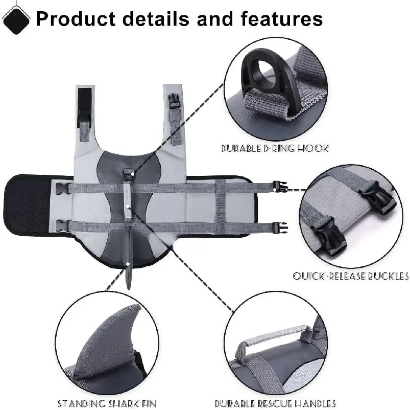 Shark Dog Life Jacket - High Buoyancy Swim Vest with Rescue Handle