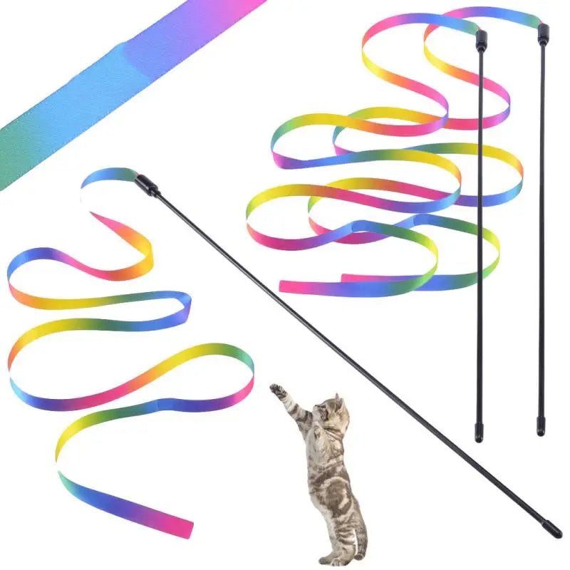 Rainbow Strip Cat Teaser Wand - Colourful Interactive Stick Toy