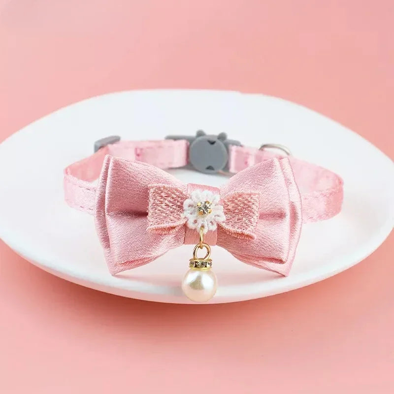 Pink Lace Bow Cat Collar - Decorative Choker with Bell and Bead