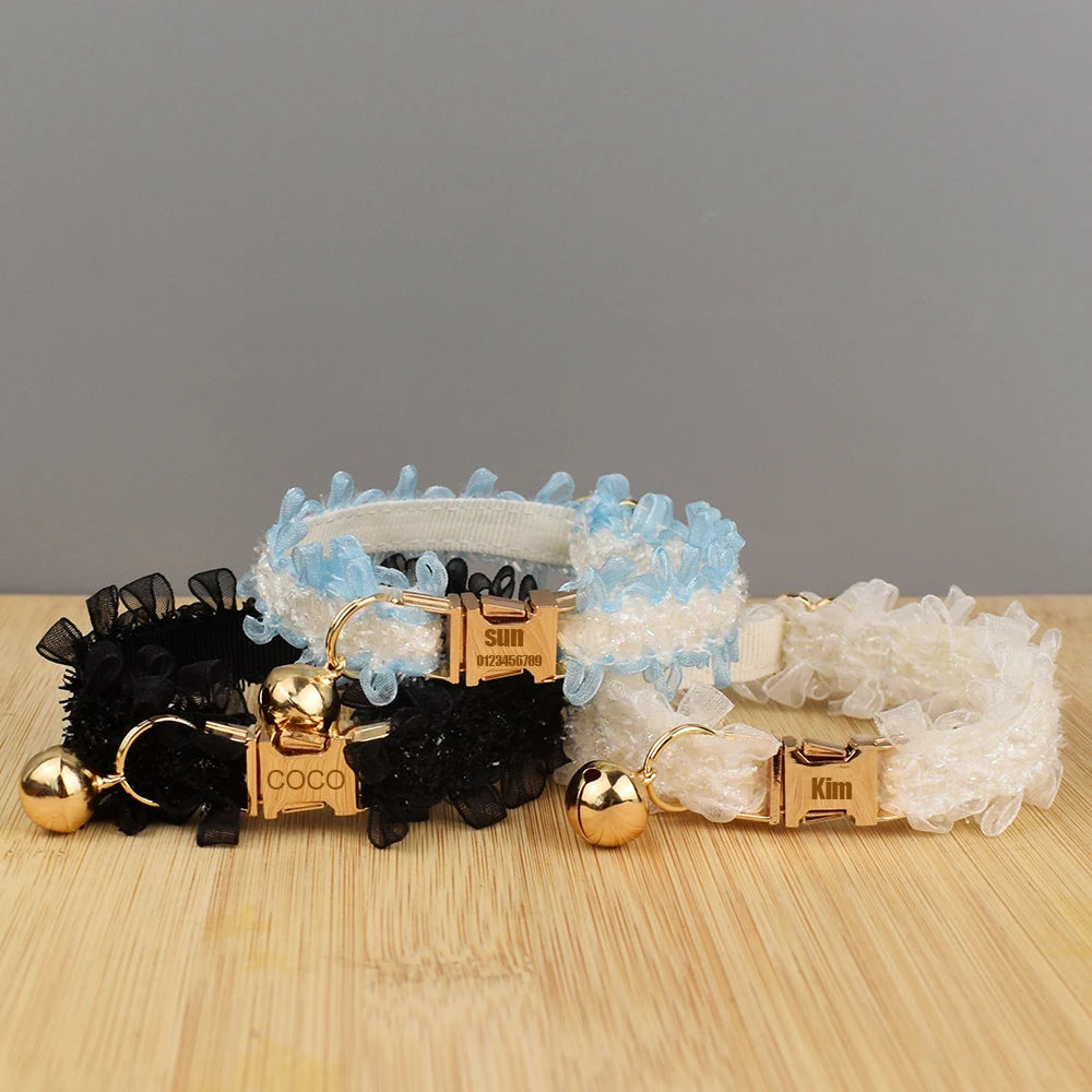Personalized Lace Cat Collar with Bell - Custom Name and Number