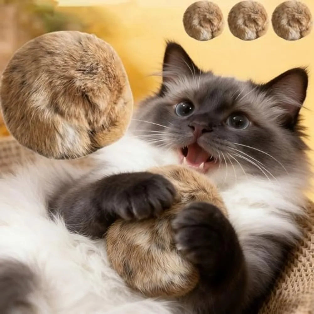 Fluffy Fur Cat Ball and Teaser Wand - Chase Toy for Indoor Cats