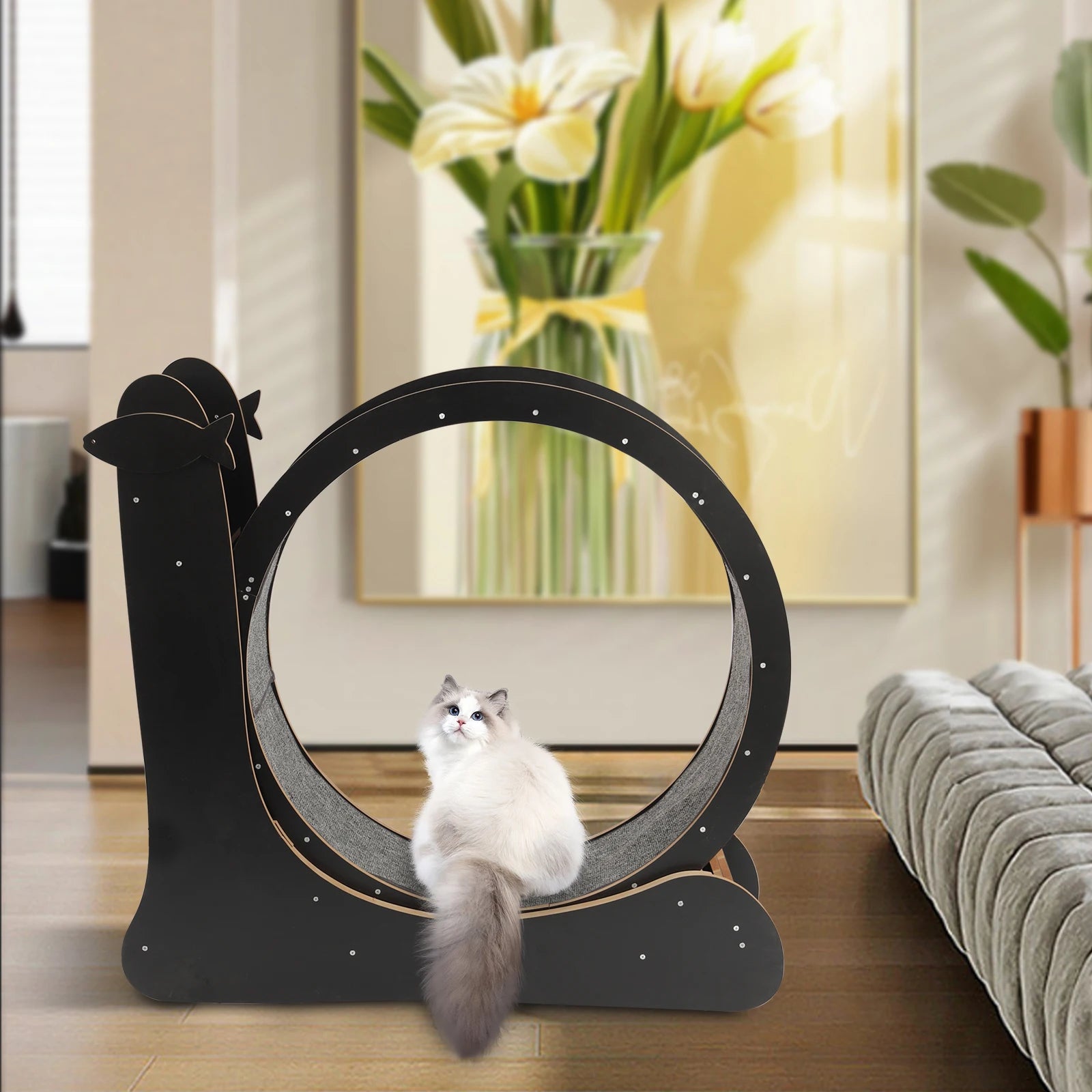 Furniture and Climbing Tool Black Cat Exercise Wheel for Cat, Large Cat Treadmill with Carpeted Runway, Kitty Cat Sport Toy, Fitness Weight Loss Device for Cats