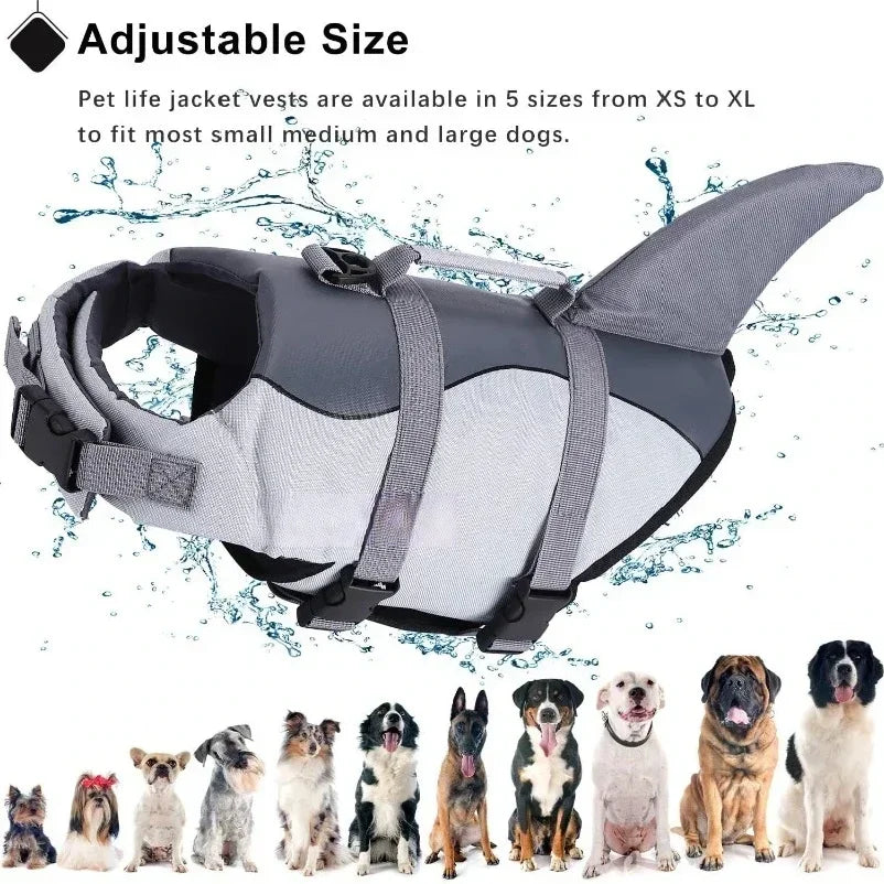 Shark Dog Life Jacket - High Buoyancy Swim Vest with Rescue Handle