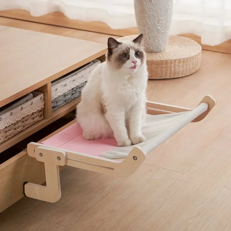 Wooden Cat Hammock - Cotton Canvas Hanging Bed with Plywood Frame