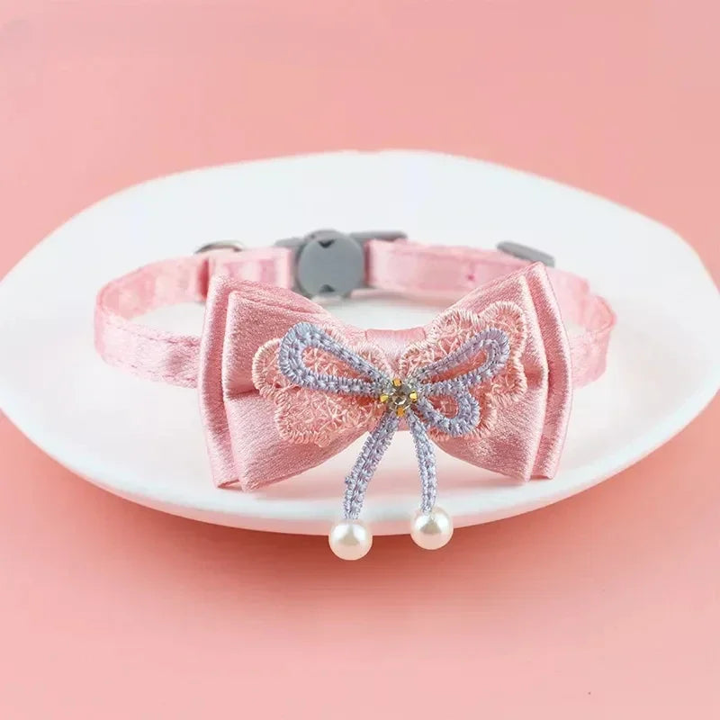 Pink Lace Bow Cat Collar - Decorative Choker with Bell and Bead