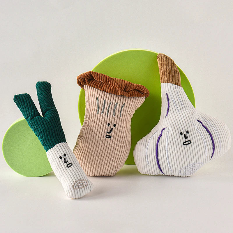 Vegetable Plush Dog Toys - Squeaky Mushroom, Onion and Garlic Set