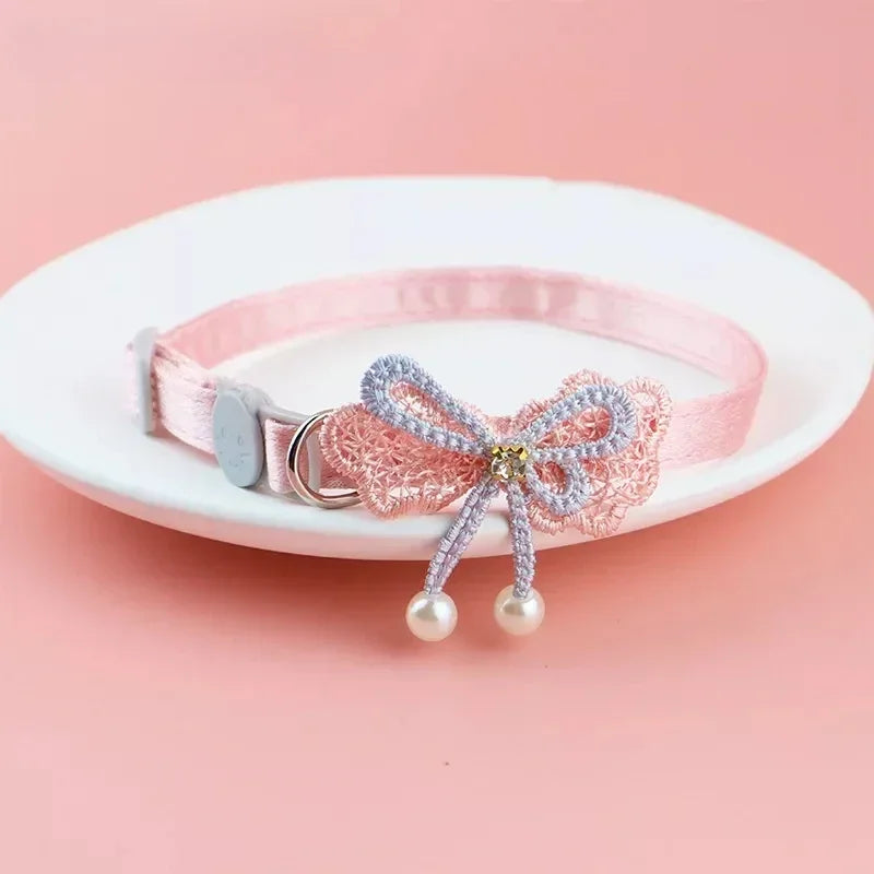 Pink Lace Bow Cat Collar - Decorative Choker with Bell and Bead