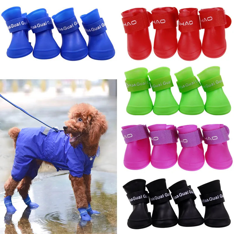 Waterproof Dog Rain Boots 4 Pack - Anti-Slip Rubber Ankle Shoes