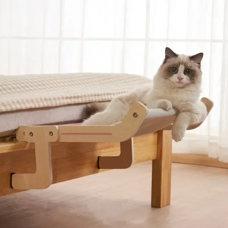 Wooden Cat Hammock - Cotton Canvas Hanging Bed with Plywood Frame