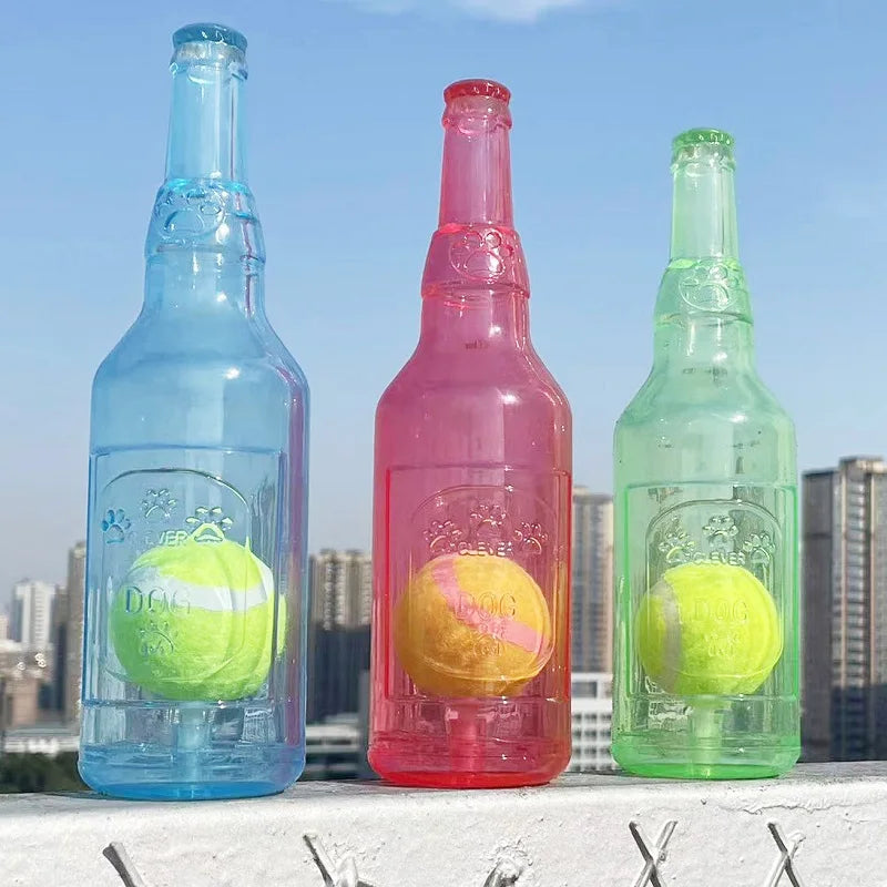 Beer Bottle Dog Toy with Tennis Ball - TPR Squeaky Chew