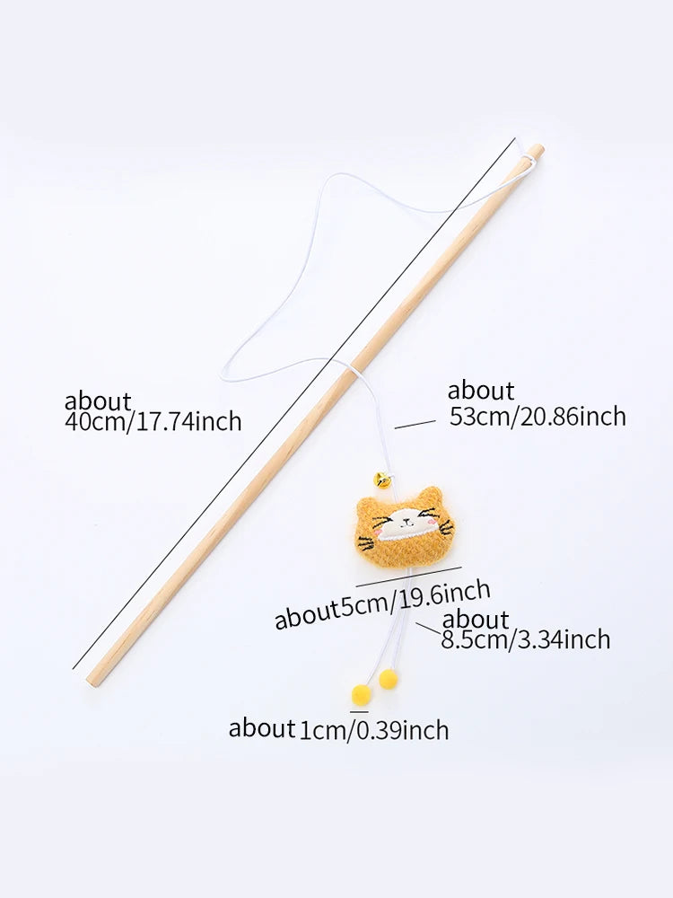 Wooden Cat Teaser Wand - Plush Animal Stick Toy with Bell