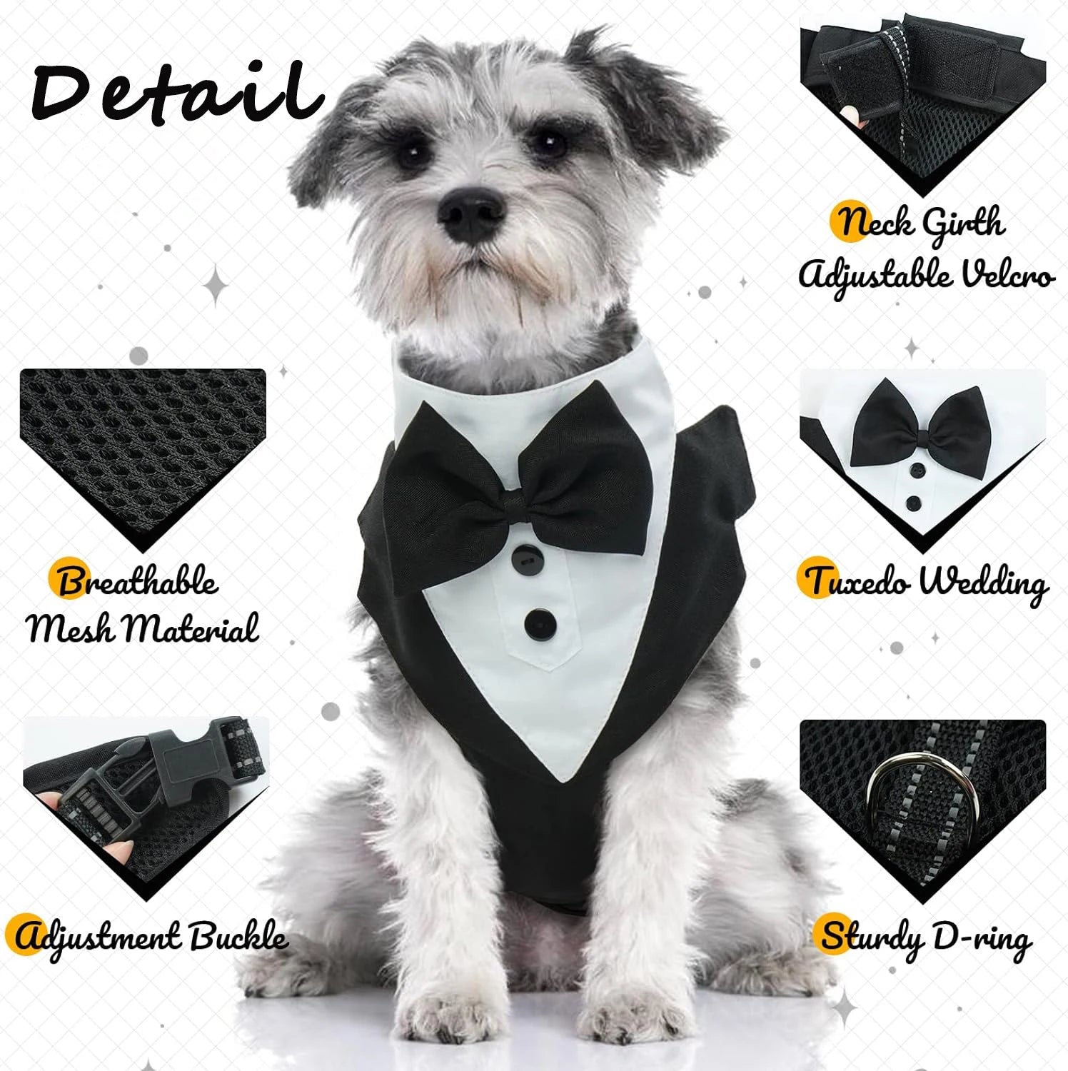 Dog Tuxedo Harness with Bow Tie - Adjustable Wedding Vest