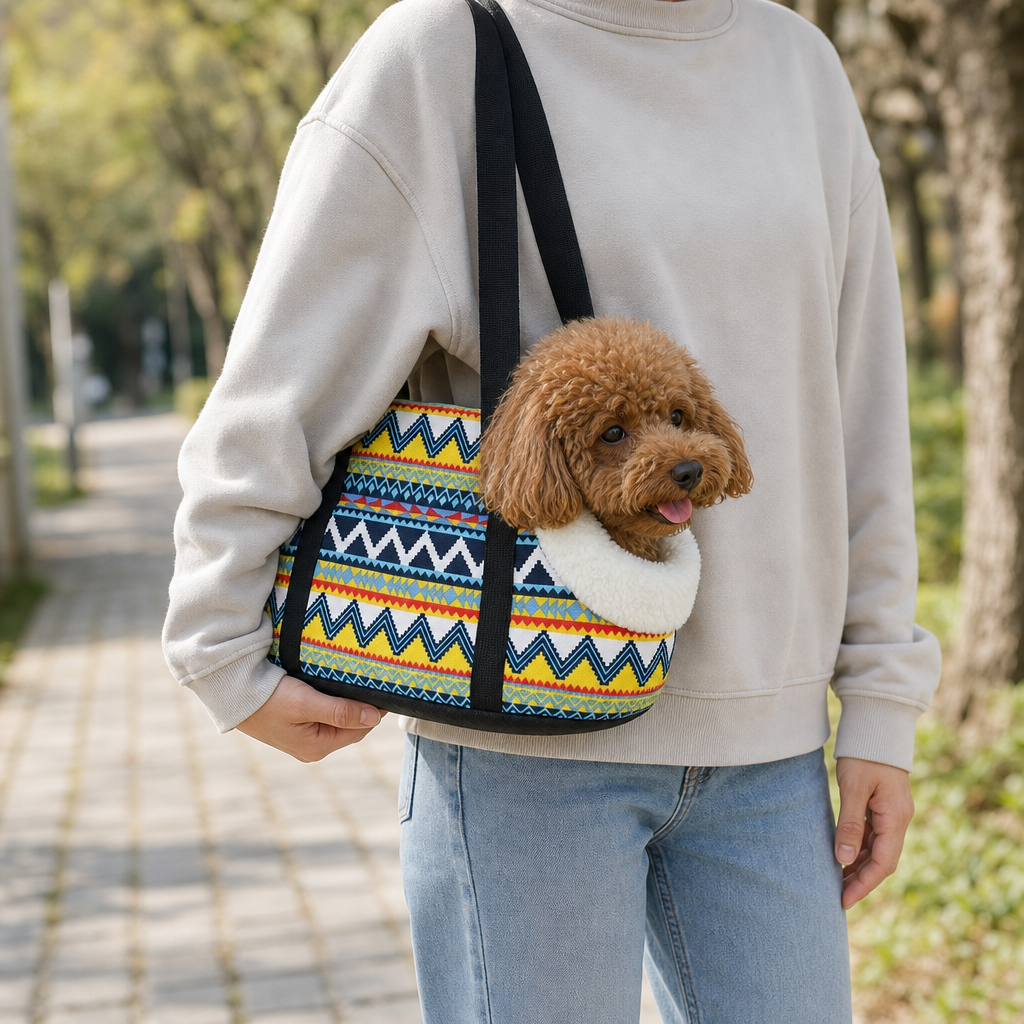 Small dog carried in soft pet sling carrier on a walk