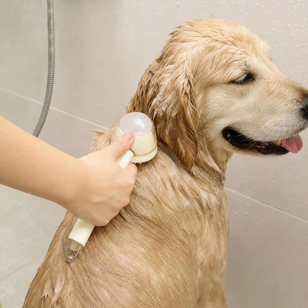 3-in-1 pet bath brush used to scrub a wet dog