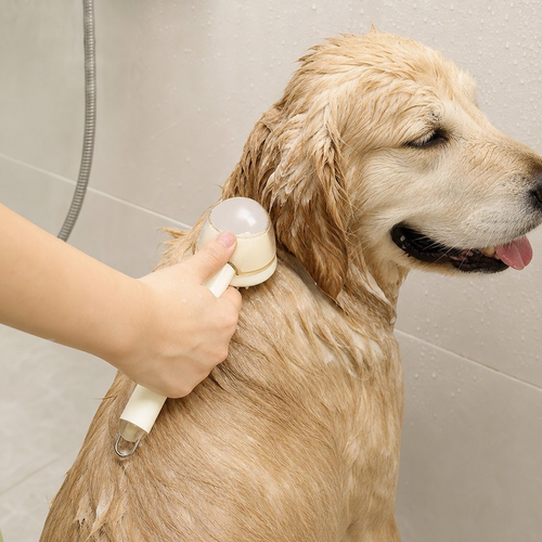 3-in-1 pet bath brush used to scrub a wet dog