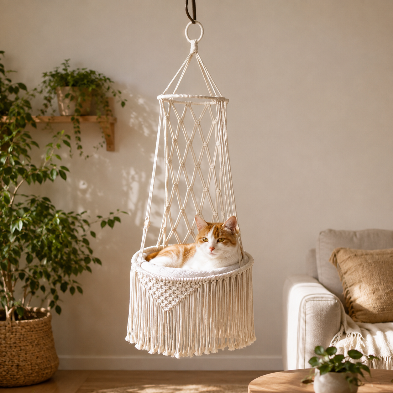 Cat lounging in macrame hanging cat hammock lifestyle