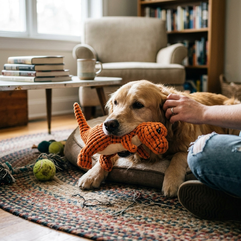 Dinosaur Squeaky Plush Dog Toy lifestyle