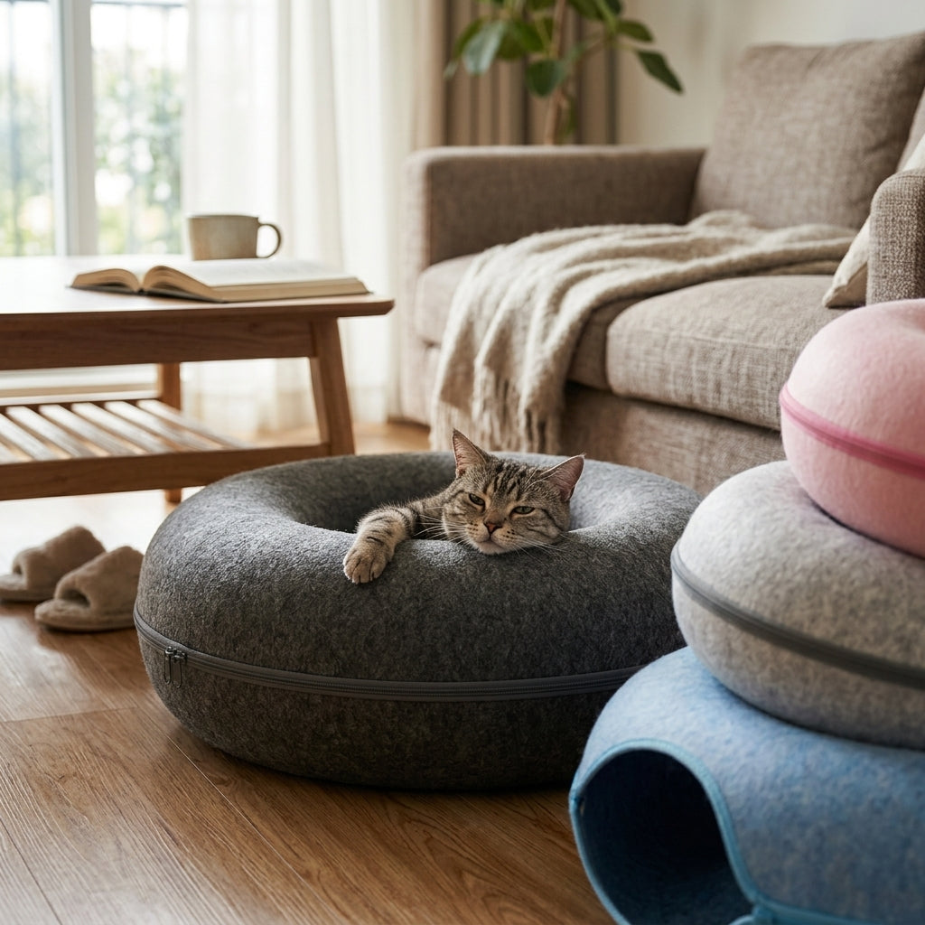 Donut Wool Felt Cat Cave Bed lifestyle