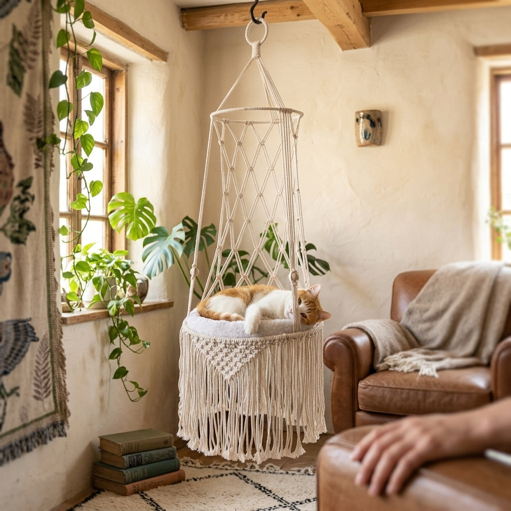 Macrame Hanging Cat Hammock Bed lifestyle