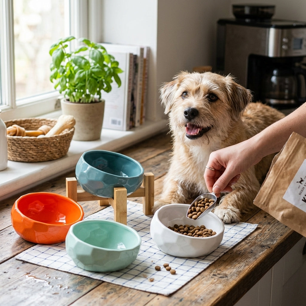 Ceramic Oblique Pet Food Bowl lifestyle